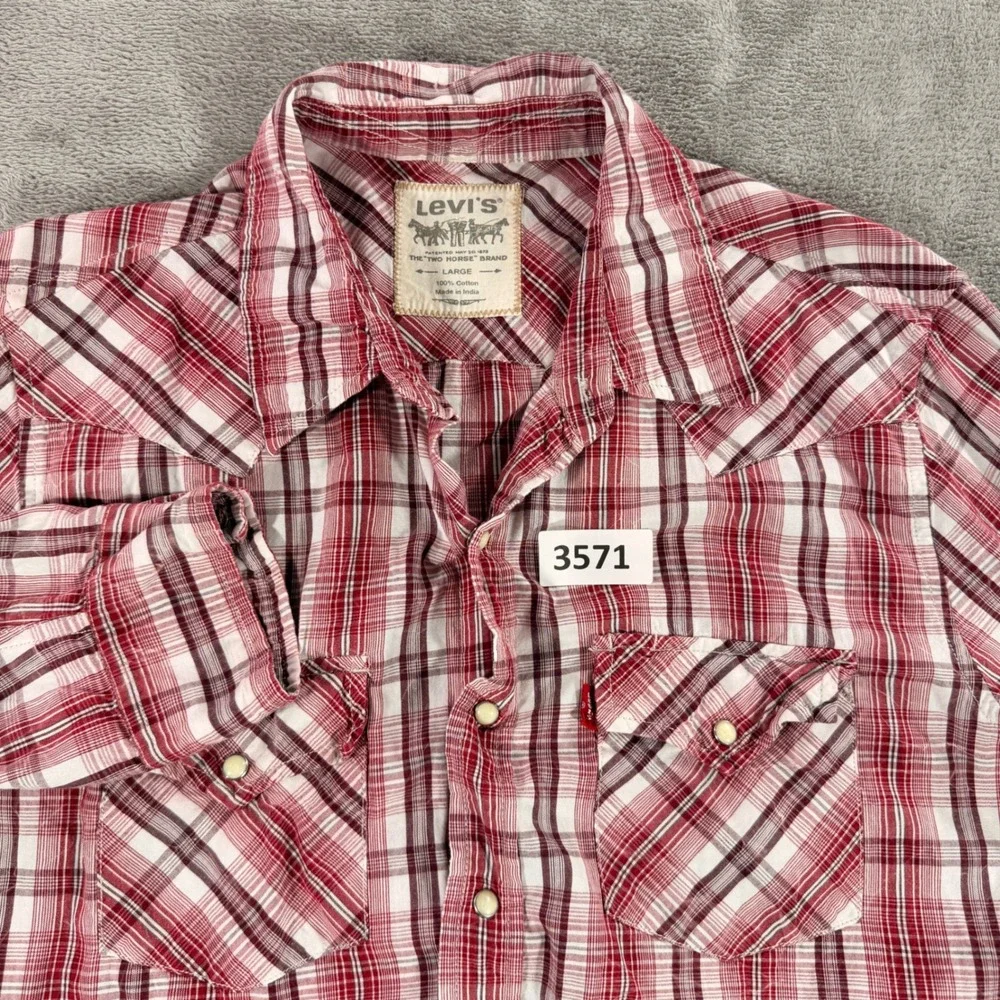 Levi's Western Shirt Mens Large Red Plaid Pearl Snap Long Sleeve Cotton 3571